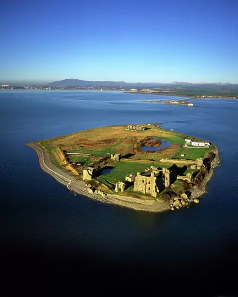 Aerial image of Piel Castle (Fouldry Castle) (Fouldrey Castle), a concentric medieval fortification with a keep and three towers, Piel Island, Furness Peninsula, Barrow in Furness, Cumbria, England, United