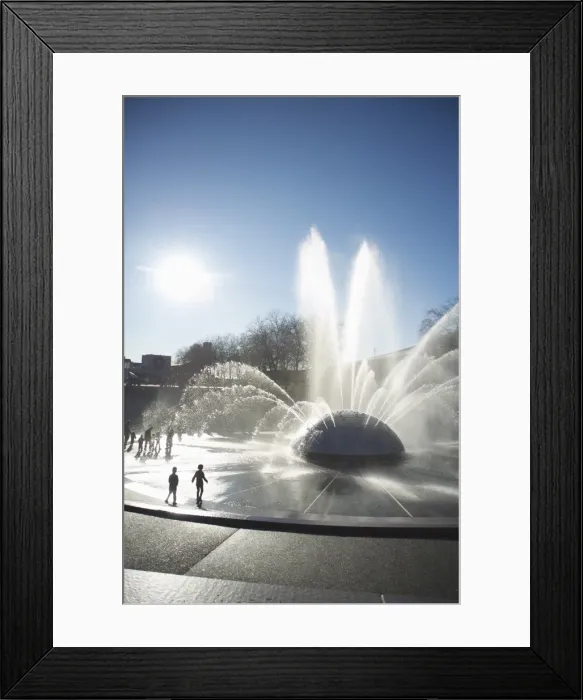 Framed Print : Silhouette of children playing in water fountain, Seattle Center, Seattle