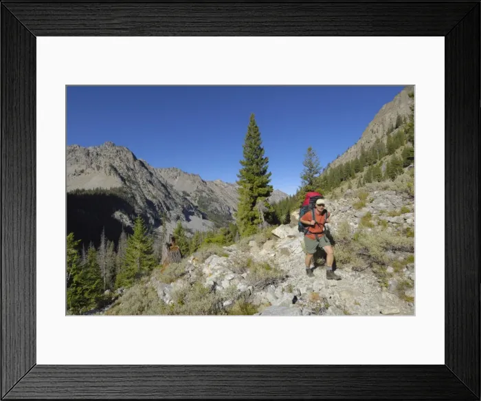 Framed Print : Hiking in the Baron Creek valley, Sawtooth Mountains, Sawtooth Wilderness Framed Print : Hiking in the Baron Creek valley, Sawtooth Mountains, Sawtooth Wilderness