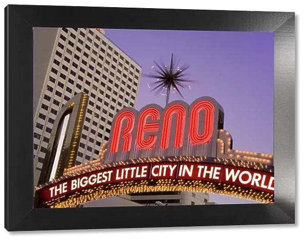 Harrahs Casino and the neon Reno Arch on Virginia Street, Reno, Nevada