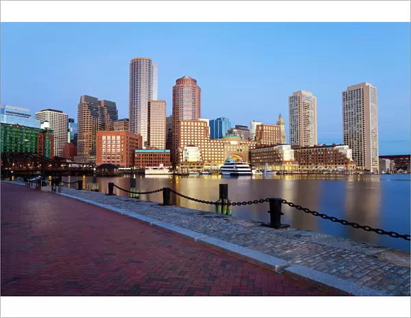 Skyline and inner harbour including Rowes Wharf at dawn, Boston, Massachusetts
