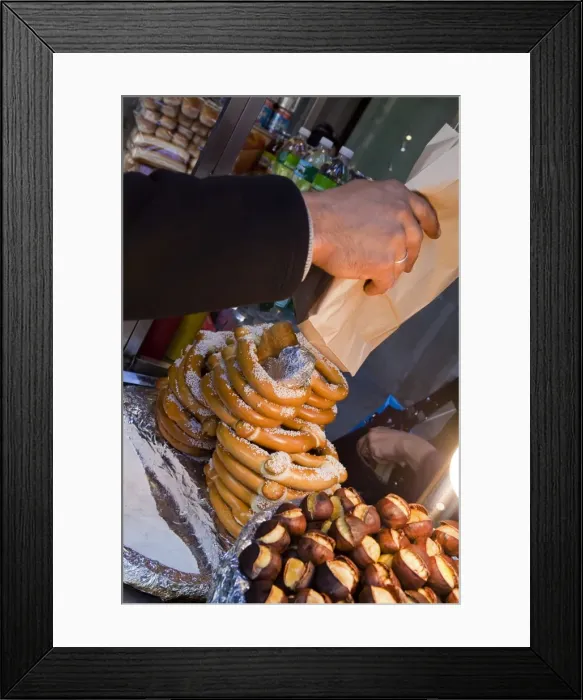 Framed Print : Pretzels and chestnuts for sale on Fifth Avenue, Manhattan, New York City Framed Print : Pretzels and chestnuts for sale on Fifth Avenue, Manhattan, New York City