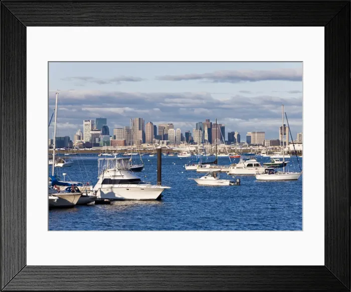 Framed Print : City skyline and boats moored in the harbour, Boston, Massachusetts, New England Framed Print : City skyline and boats moored in the harbour, Boston, Massachusetts, New England