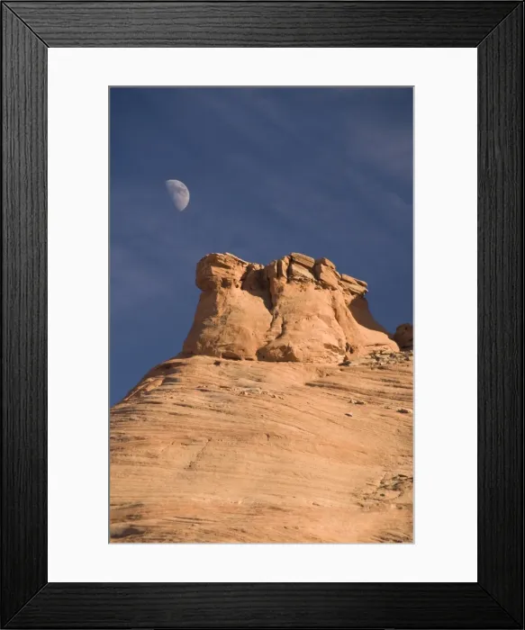 Framed Print : Eroded rock formations with moon in the sky, Mystery Valley, Monument Valley Navajo Tribal Park Framed Print : Eroded rock formations with moon in the sky, Mystery Valley, Monument Valley Navajo Tribal Park