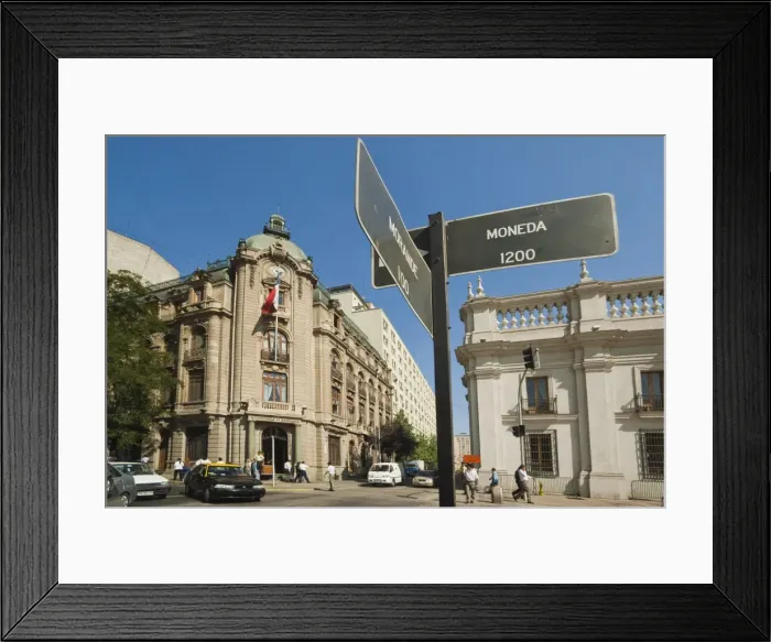 Framed Print : Junction of Morande and Moneda Streets at the Plaza de La Constitucion by the presidential palace Framed Print : Junction of Morande and Moneda Streets at the Plaza de La Constitucion by the presidential palace
