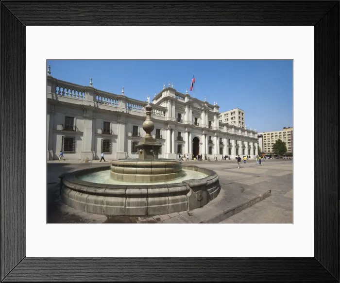 Framed Print : Fountain in the Plaza de La Constitucion and the Palacio de La Moneda, formerly a colonial mint Framed Print : Fountain in the Plaza de La Constitucion and the Palacio de La Moneda, formerly a colonial mint