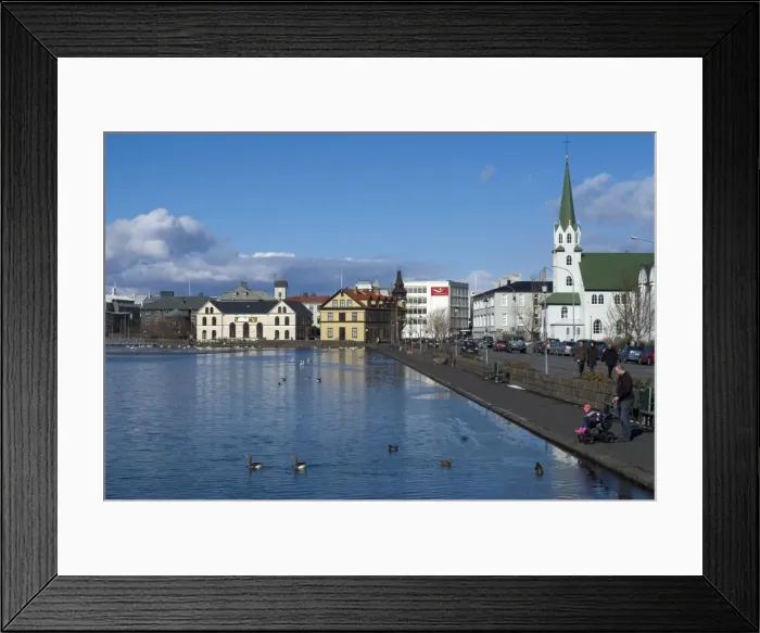 Framed Print : View over Tjornin (pond) to city behind, Reykjavik, Iceland, Polar Regions Framed Print : View over Tjornin (pond) to city behind, Reykjavik, Iceland, Polar Regions