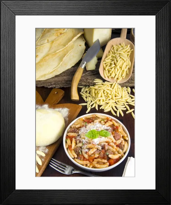 Framed Print : Malloreddus alla Campidanese (Malloreddus with sausage, pecorino cheese and tomato sauce) Framed Print : Malloreddus alla Campidanese (Malloreddus with sausage, pecorino cheese and tomato sauce)