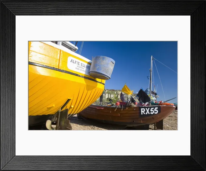 Framed Print : Colourful boats on pebble beach known as the Stade, home to Europes largest beach-based fishing fleet, Hastings, East Sussex, England, United Framed Print : Colourful boats on pebble beach known as the Stade, home to Europes largest beach-based fishing fleet, Hastings, East Sussex, England, United
