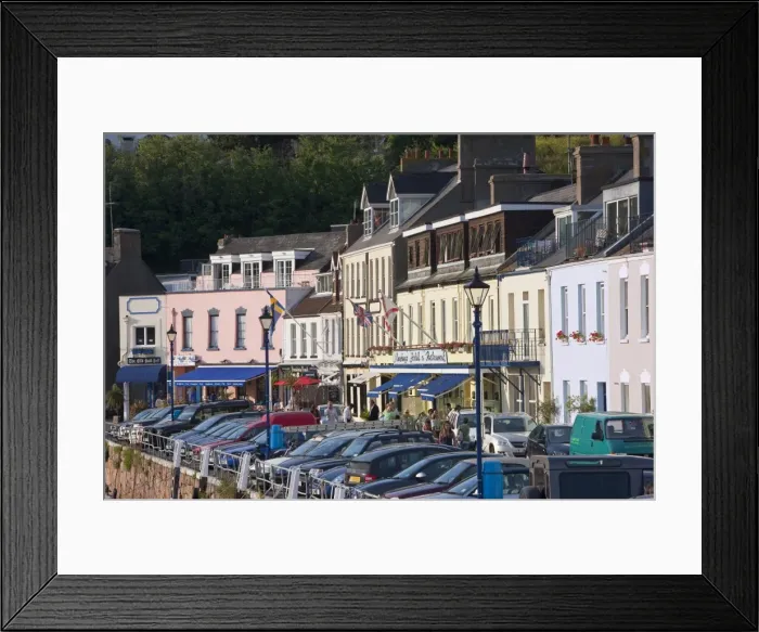 Framed Print : Restaurants and bars, Gorey harbour, Jersey, Channel Islands, United Kingdom, Europe Framed Print : Restaurants and bars, Gorey harbour, Jersey, Channel Islands, United Kingdom, Europe