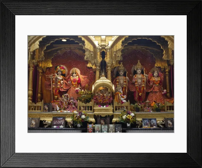 Framed Print : From left to right, statues of Krishna, Rada, Rama, with Hanuman in front