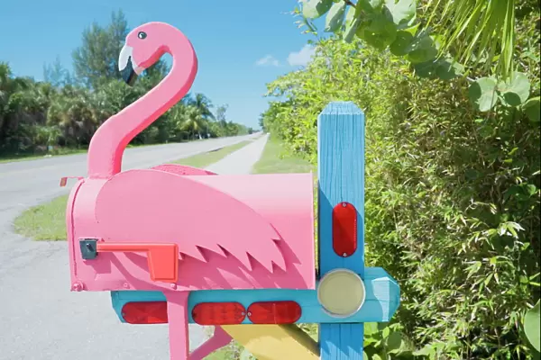 Flamingo made of wood attached to pink mailbox, Sanibel Island, Florida