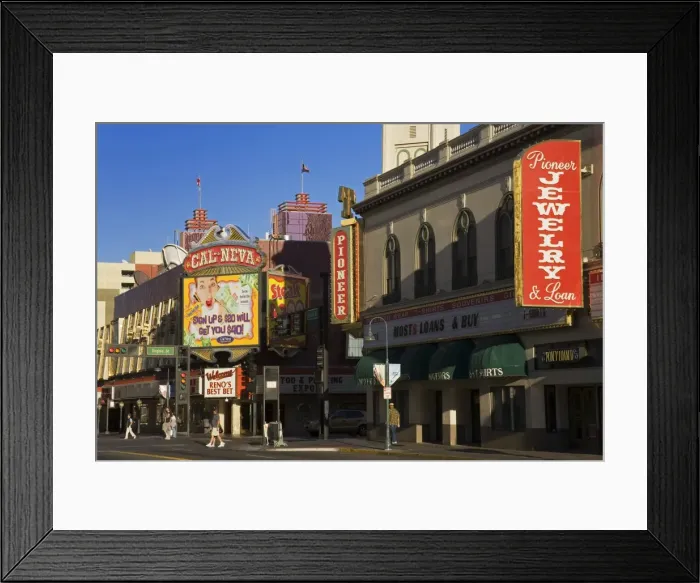 Framed Print : Stores and casinos on Second Street in Reno, Nevada, United States of America Framed Print : Stores and casinos on Second Street in Reno, Nevada, United States of America