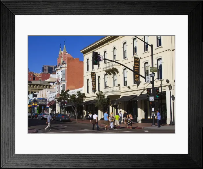 Framed Print : Stores on Fifth Avenue in the Gaslamp Quarter, San Diego, California, United States of America Framed Print : Stores on Fifth Avenue in the Gaslamp Quarter, San Diego, California, United States of America