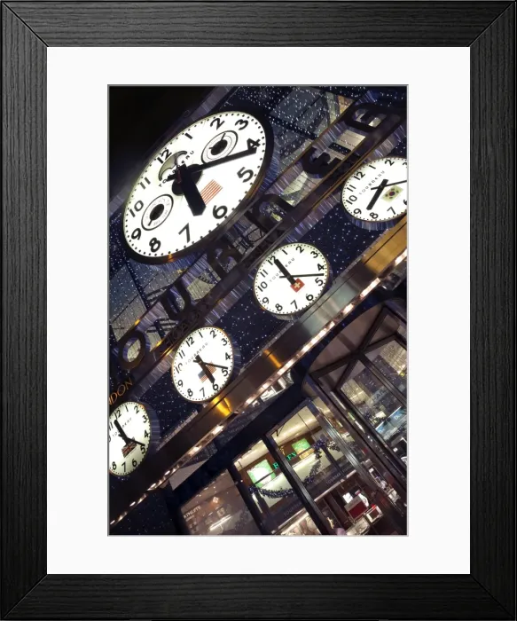 Framed Print : Clocks showing various world city times outside the Tourneau Store, Manhattan Framed Print : Clocks showing various world city times outside the Tourneau Store, Manhattan