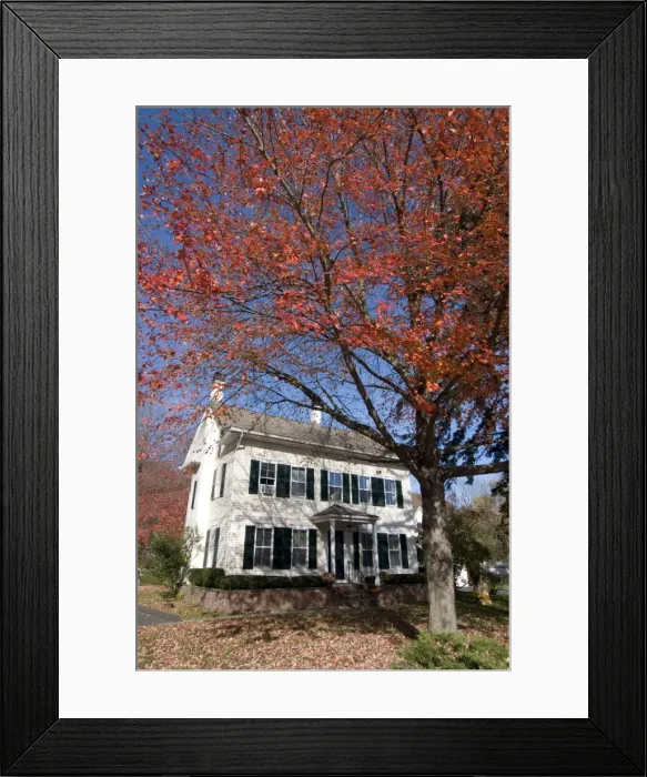 Framed Print : Old house under red folige, Indian summer, Chester, Connecticut, New England Framed Print : Old house under red folige, Indian summer, Chester, Connecticut, New England