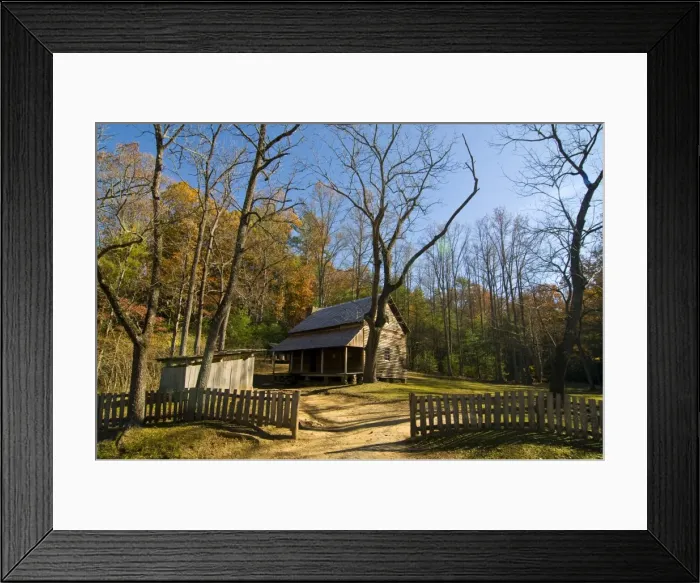 Framed Print : Old cottage with colourful foliage in the Indian summer, Great Smoky National Park Framed Print : Old cottage with colourful foliage in the Indian summer, Great Smoky National Park