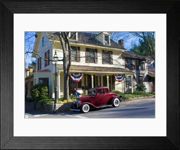 Framed Print : Oldtimer parking in front of an old house, Chester, Connecticut, New England Framed Print : Oldtimer parking in front of an old house, Chester, Connecticut, New England