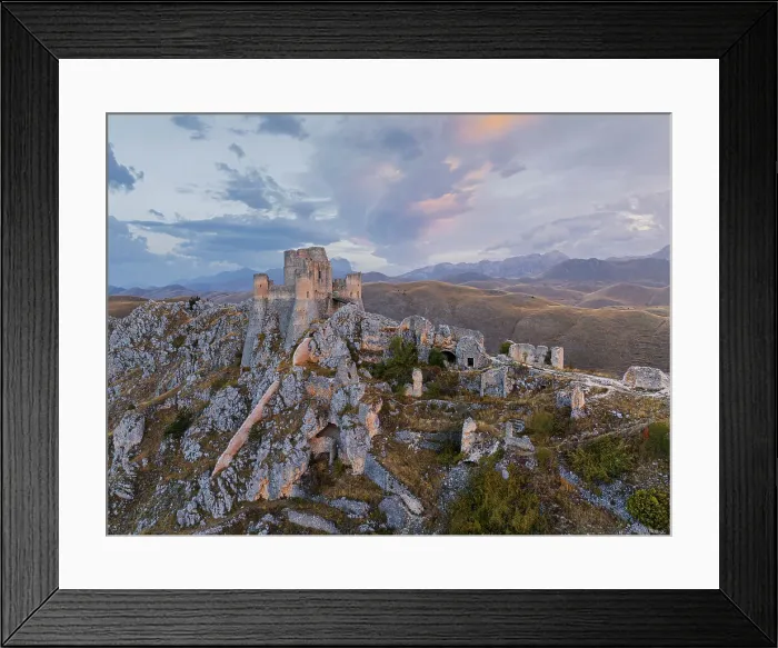 Framed Print : Aerial view taken by drone of Rocca Calascio castle during an autumn sunrise, National Park of Gran Sasso and Monti of Laga, Abruzzo, Italy, Europe Framed Print : Aerial view taken by drone of Rocca Calascio castle during an autumn sunrise, National Park of Gran Sasso and Monti of Laga, Abruzzo, Italy, Europe