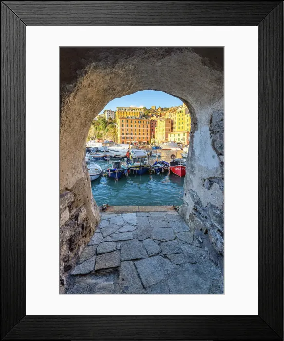 Framed Print : The beautiful harbour of Camogli seen through a house arch, Camogli, Genova province, Liguria, Italy, Europe Framed Print : The beautiful harbour of Camogli seen through a house arch, Camogli, Genova province, Liguria, Italy, Europe