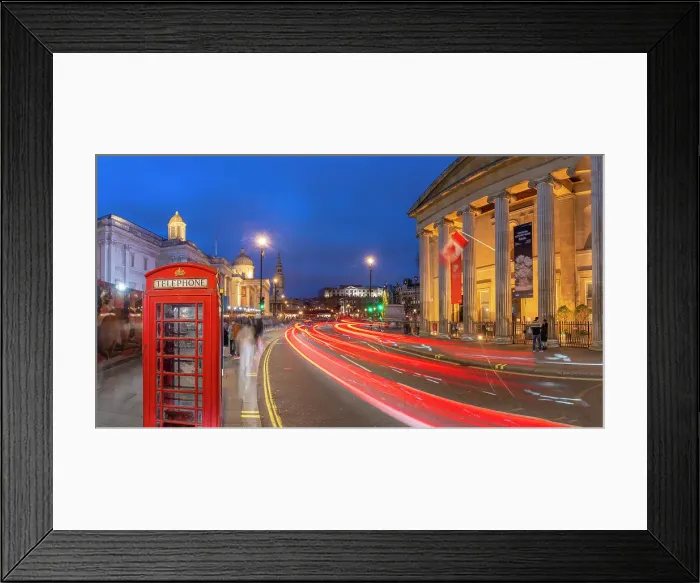 Framed Print : View of red telephone box and Trafalgar Square at dusk, Westminster, London, England, United Kingdom, Europe Framed Print : View of red telephone box and Trafalgar Square at dusk, Westminster, London, England, United Kingdom, Europe