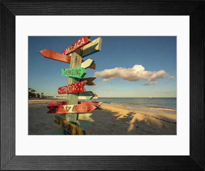 Framed Print : View of destination signpost near Puerto Morelos, Caribbean Coast, Yucatan Peninsula, Mexico, North America Framed Print : View of destination signpost near Puerto Morelos, Caribbean Coast, Yucatan Peninsula, Mexico, North America