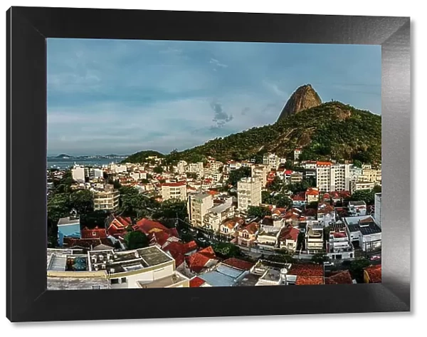 Aerial drone panorama of Urca neighbourhood and surrounding Botafogo and Guanabara Bay, UNESCO World Heritage Site, between the Mountain and the Sea, inscribed on the World Heritage List in 2012, Rio de Janeiro, Brazil, South America