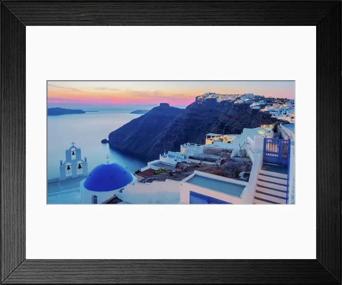 Framed Print : Three Bells of Fira, iconic blue domed church at dusk, Fira, Santorini (Thira) Island, Cyclades, Greek Islands, Greece, Europe