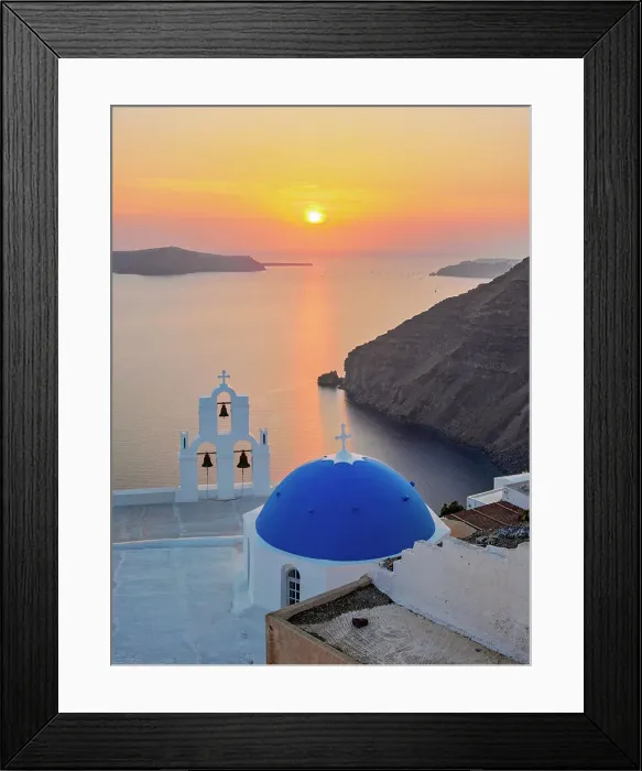 Framed Print : Three Bells of Fira, iconic blue domed church at sunset, Fira, Santorini (Thira) Island, Cyclades, Greek Islands, Greece, Europe Framed Print : Three Bells of Fira, iconic blue domed church at sunset, Fira, Santorini (Thira) Island, Cyclades, Greek Islands, Greece, Europe