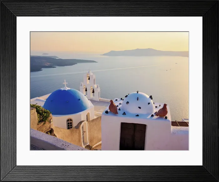 Framed Print : Three Bells of Fira, iconic blue domed church at sunset, Fira, Santorini (Thira) Island, Cyclades, Greek Islands, Greece, Europe Framed Print : Three Bells of Fira, iconic blue domed church at sunset, Fira, Santorini (Thira) Island, Cyclades, Greek Islands, Greece, Europe