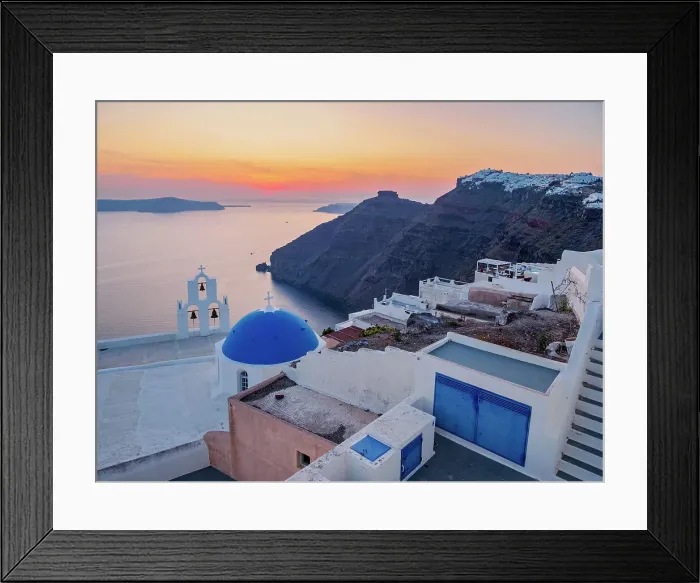 Framed Print : Three Bells of Fira, iconic blue domed church at sunset, Fira, Santorini (Thira) Island, Cyclades, Greek Islands, Greece, Europe Framed Print : Three Bells of Fira, iconic blue domed church at sunset, Fira, Santorini (Thira) Island, Cyclades, Greek Islands, Greece, Europe