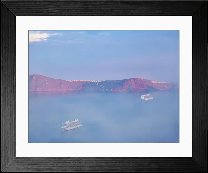 Framed Print : Caldera at foggy sunrise seen from Fira, Santorini (Thira) Island, Cyclades, Greek Islands, Greece, Europe
