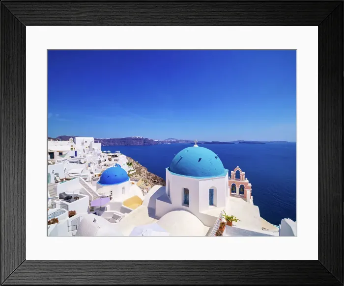 Framed Print : Iconic blue domed churches of Resurrection of the Lord and Saint Spyridon, Oia Village, Santorini (Thira) Island, Cyclades, Greek Islands, Greece, Europe Framed Print : Iconic blue domed churches of Resurrection of the Lord and Saint Spyridon, Oia Village, Santorini (Thira) Island, Cyclades, Greek Islands, Greece, Europe