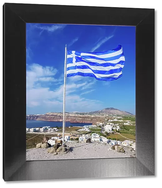Greek Flag at the Venetian Castle, Akrotiri Village, Santorini (Thira) Island, Cyclades, Greek Islands, Greece, Europe