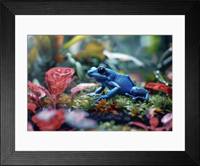 Framed Print : AI generated image of a blue poison dart frog on leaves Framed Print : AI generated image of a blue poison dart frog on leaves