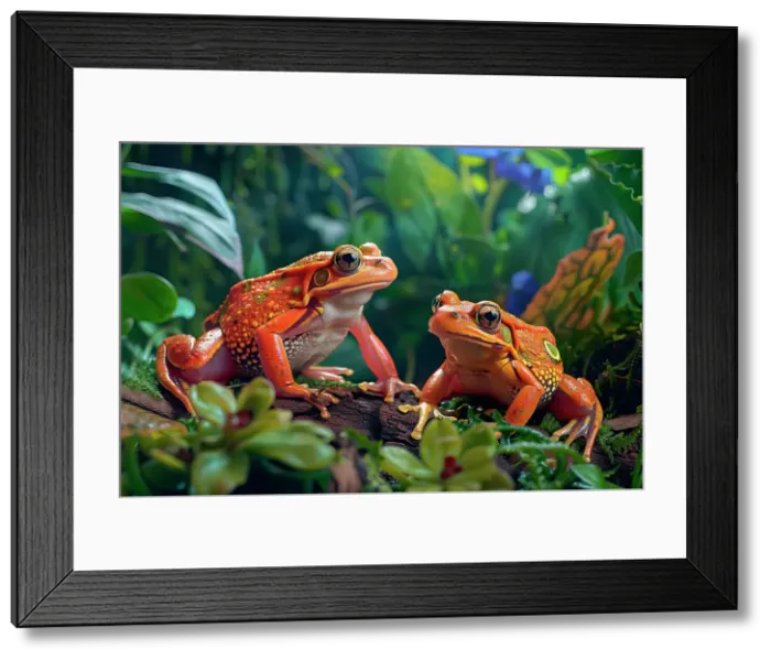 Framed Print : AI generated image of two tomato frogs on leaves, Madagascar, Africa Framed Print : AI generated image of two tomato frogs on leaves, Madagascar, Africa