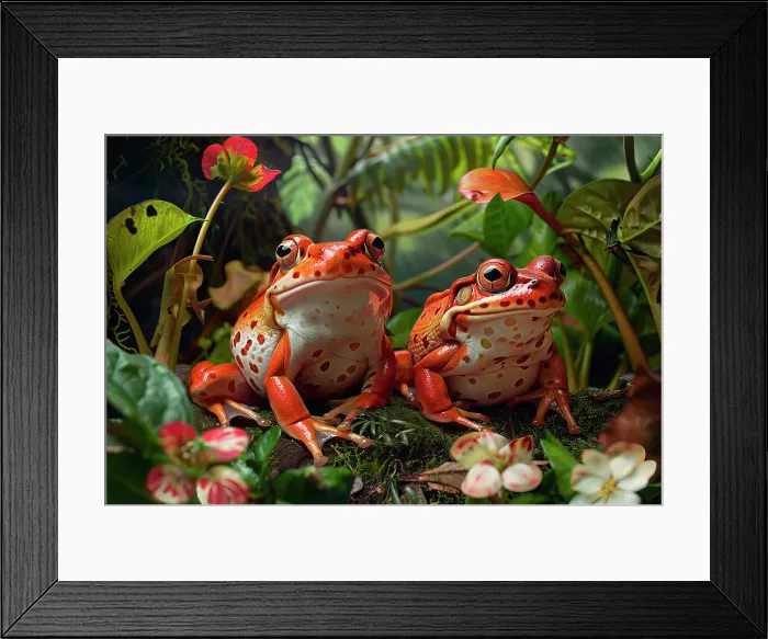 Framed Print : AI generated image of two tomato frogs on leaves, Madagascar, Africa Framed Print : AI generated image of two tomato frogs on leaves, Madagascar, Africa
