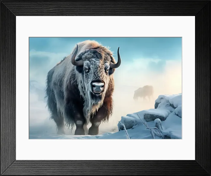 Framed Print : AI generated image of a large male bison covered with ice walking in snow, Canada, North America Framed Print : AI generated image of a large male bison covered with ice walking in snow, Canada, North America