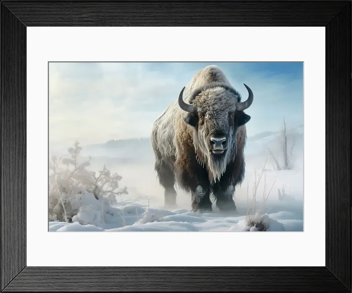 Framed Print : AI generated image of a large male bison covered with ice walking in snow, Canada, North America Framed Print : AI generated image of a large male bison covered with ice walking in snow, Canada, North America