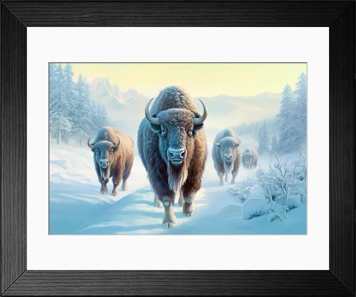 Framed Print : AI generated image of a herd of bison covered with ice walking in snow, Canada, North America Framed Print : AI generated image of a herd of bison covered with ice walking in snow, Canada, North America