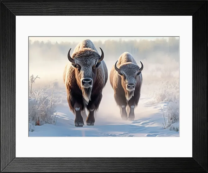 Framed Print : AI generated image of a herd of bison covered with ice walking in snow, Canada, North America Framed Print : AI generated image of a herd of bison covered with ice walking in snow, Canada, North America