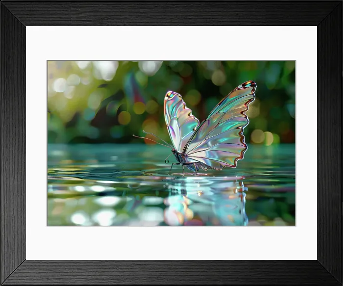 Framed Print : AI generated image of a beautiful stylized colored crystal butterfly on water Framed Print : AI generated image of a beautiful stylized colored crystal butterfly on water