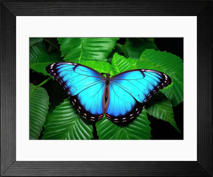Framed Print : AI generated image of a beautiful stylized blue monarch butterfly in natural leafy environment Framed Print : AI generated image of a beautiful stylized blue monarch butterfly in natural leafy environment