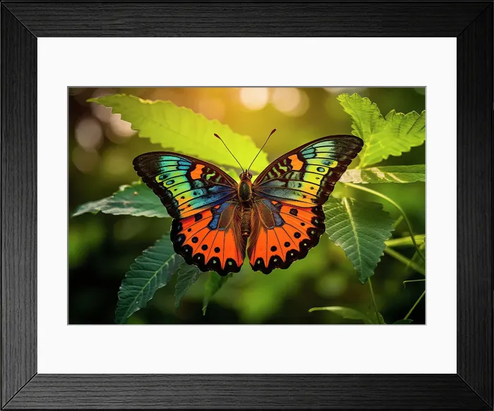 Framed Print : AI generated image of a stylized beautifully multicolored Madagascar sunset butterfly in natural leafy environment, Ecuador Framed Print : AI generated image of a stylized beautifully multicolored Madagascar sunset butterfly in natural leafy environment, Ecuador