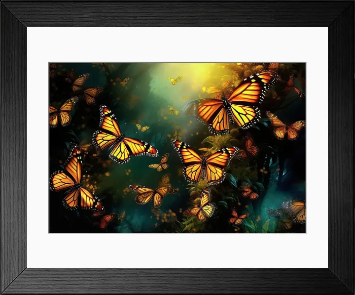Framed Print : AI generated image of a big group of stylized yellow monarch butterflies flying in a natural forest environment, Ecuador Framed Print : AI generated image of a big group of stylized yellow monarch butterflies flying in a natural forest environment, Ecuador