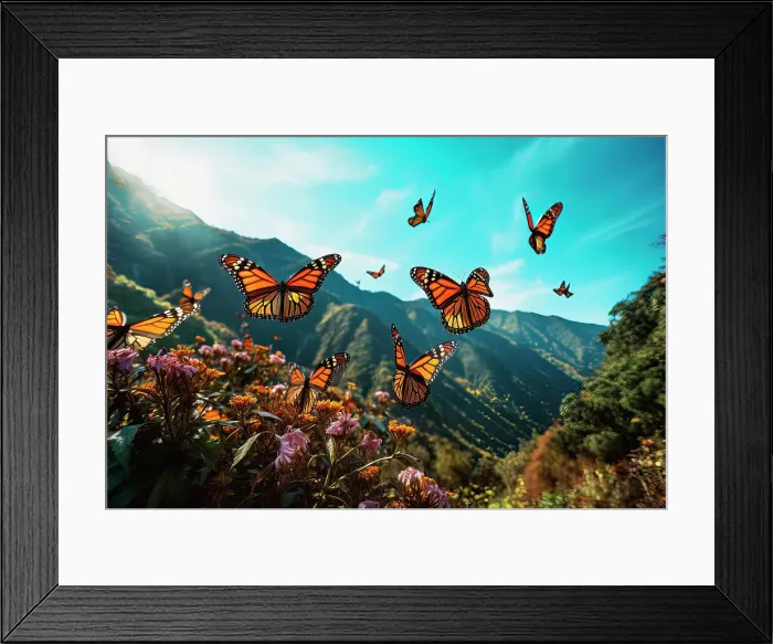 Framed Print : AI generated image of a big group of stylized yellow monarch butterflies flying in a natural environment, Ecuador Framed Print : AI generated image of a big group of stylized yellow monarch butterflies flying in a natural environment, Ecuador