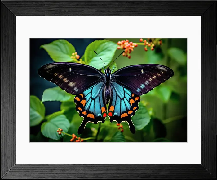 Framed Print : AI generated image of a beautiful stylized blue pipevine swallowtail butterfly in natural leafy environment, Ecuador Framed Print : AI generated image of a beautiful stylized blue pipevine swallowtail butterfly in natural leafy environment, Ecuador