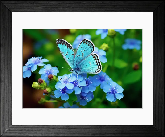 Framed Print : AI generated image of a beautiful stylized blue butterfly on natural flowers, Ecuador Framed Print : AI generated image of a beautiful stylized blue butterfly on natural flowers, Ecuador
