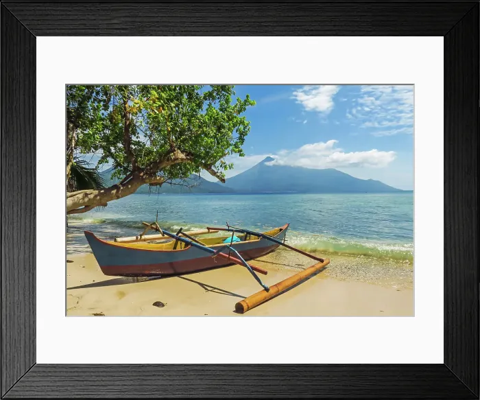 Framed Print : Outrigger canoe moored on Kalea Beach with active Karangetang volcano beyond, Kalea, Siau Island, Sangihe Archipelago, North Sulawesi, Indonesia, Southeast Asia, Asia Framed Print : Outrigger canoe moored on Kalea Beach with active Karangetang volcano beyond, Kalea, Siau Island, Sangihe Archipelago, North Sulawesi, Indonesia, Southeast Asia, Asia