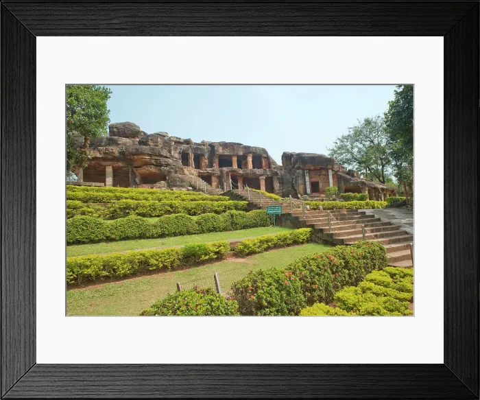 Framed Print : Garden at the entrance to the Udayagiri and Khandagiri caves dating back to over 100 years BCE, sculptured into the hillside as religious retreats for Jains, Bhubaneswar, Odisha, India, Asia Framed Print : Garden at the entrance to the Udayagiri and Khandagiri caves dating back to over 100 years BCE, sculptured into the hillside as religious retreats for Jains, Bhubaneswar, Odisha, India, Asia